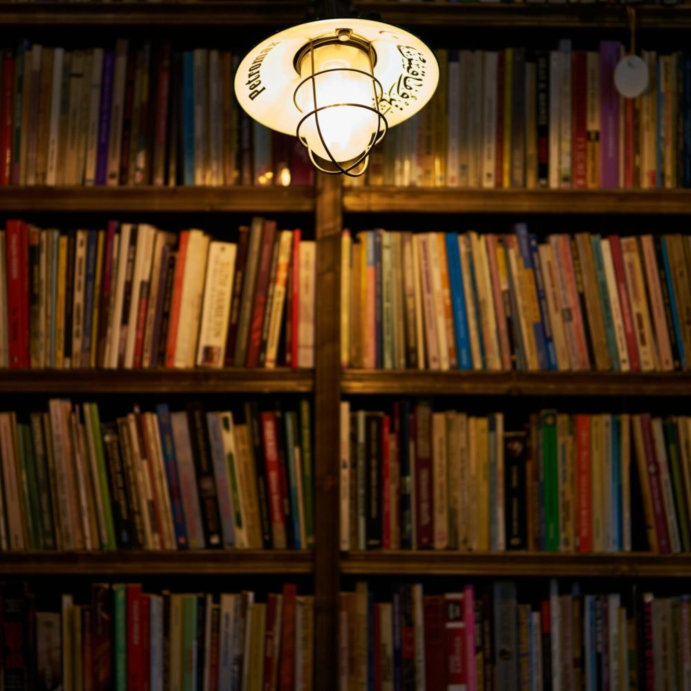 Bookshelf in a library illuminated by a warm lightbulb, creating a cozy ambiance.